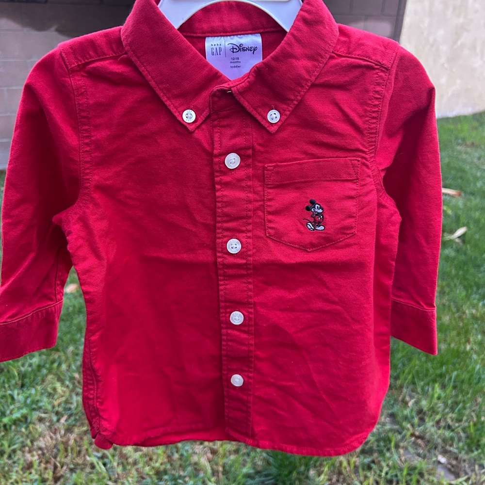 GAP X Disney Mickey Mouse embroidered Red Button Down Shirt